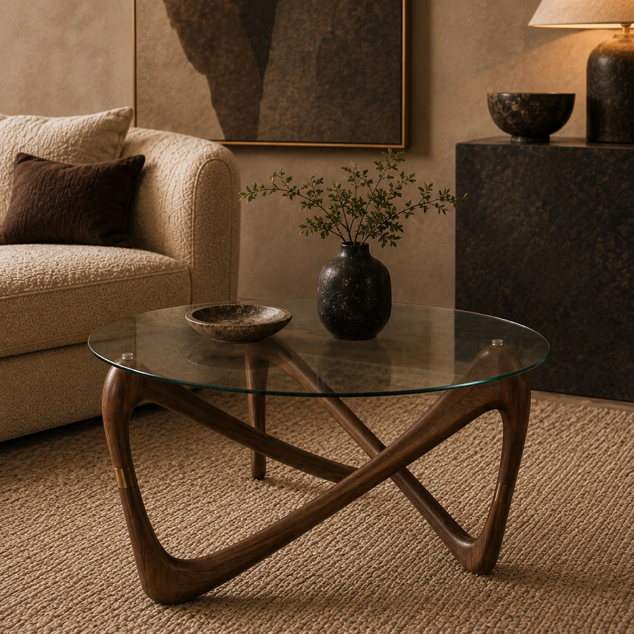 TL1008 - Loop Walnut Glass Coffee Table